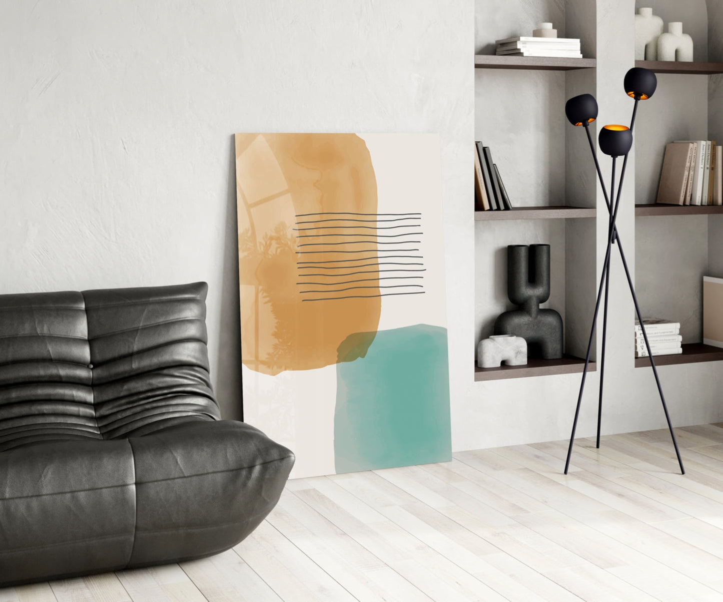 Ochre Teal Blocks Line Stripes Glass Wall Art