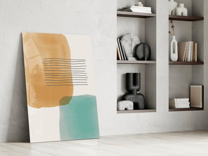 Ochre Teal Blocks Line Stripes Glass Wall Art