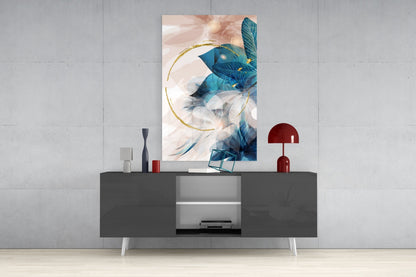 Gold Ring and Teal Feather Blooms Glass Wall Art