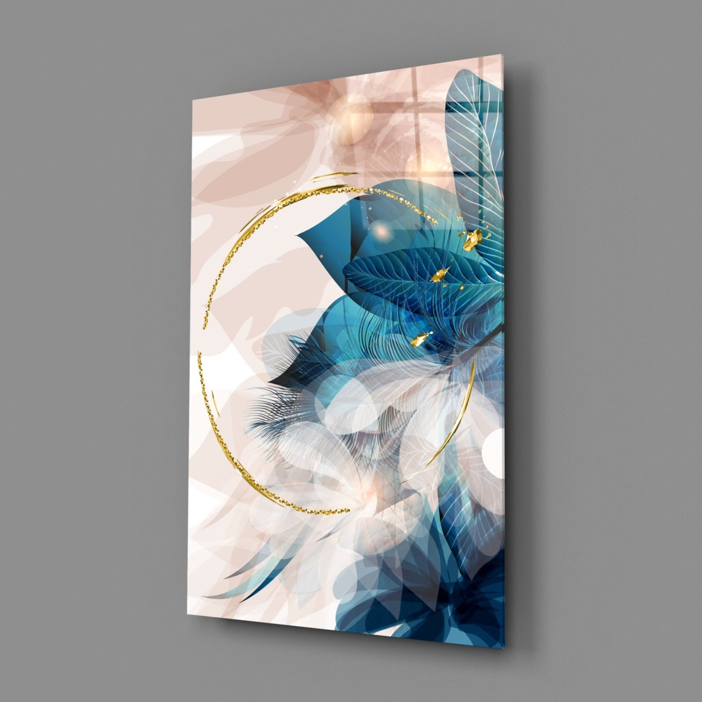 Gold Ring and Teal Feather Blooms Glass Wall Art