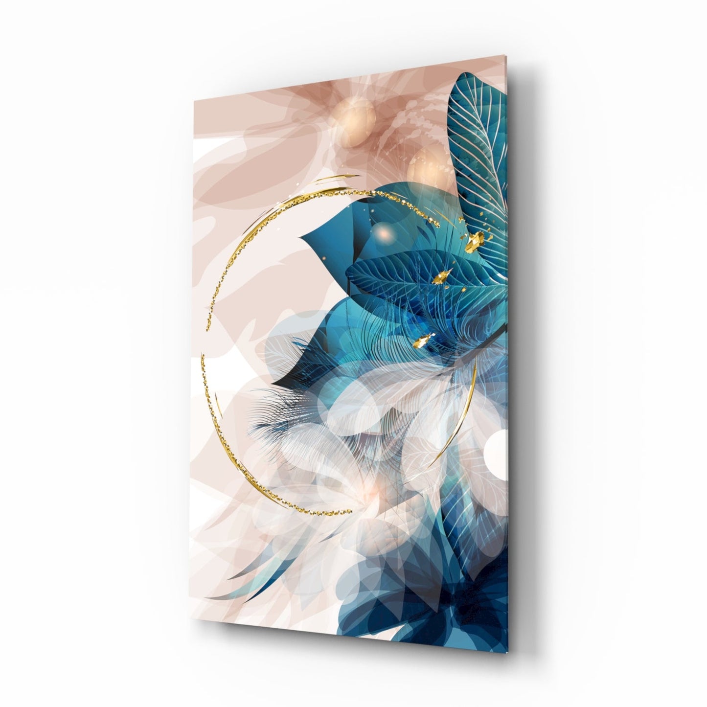 Gold Ring and Teal Feather Blooms Glass Wall Art