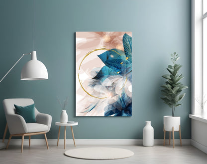 Gold Ring and Teal Feather Blooms Glass Wall Art