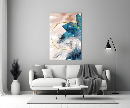 Gold Ring and Teal Feather Blooms Glass Wall Art