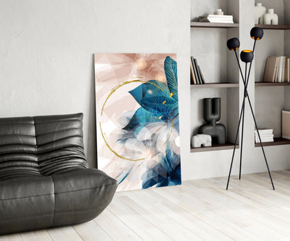 Gold Ring and Teal Feather Blooms Glass Wall Art