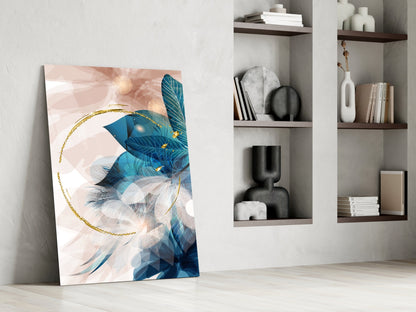Gold Ring and Teal Feather Blooms Glass Wall Art