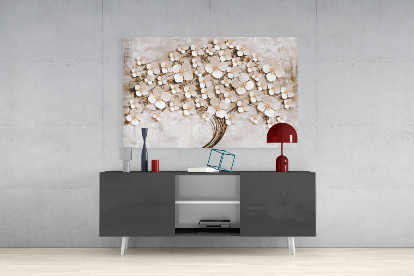 Cream Petals Beige Blossom Tree of Life Glass Wall Art