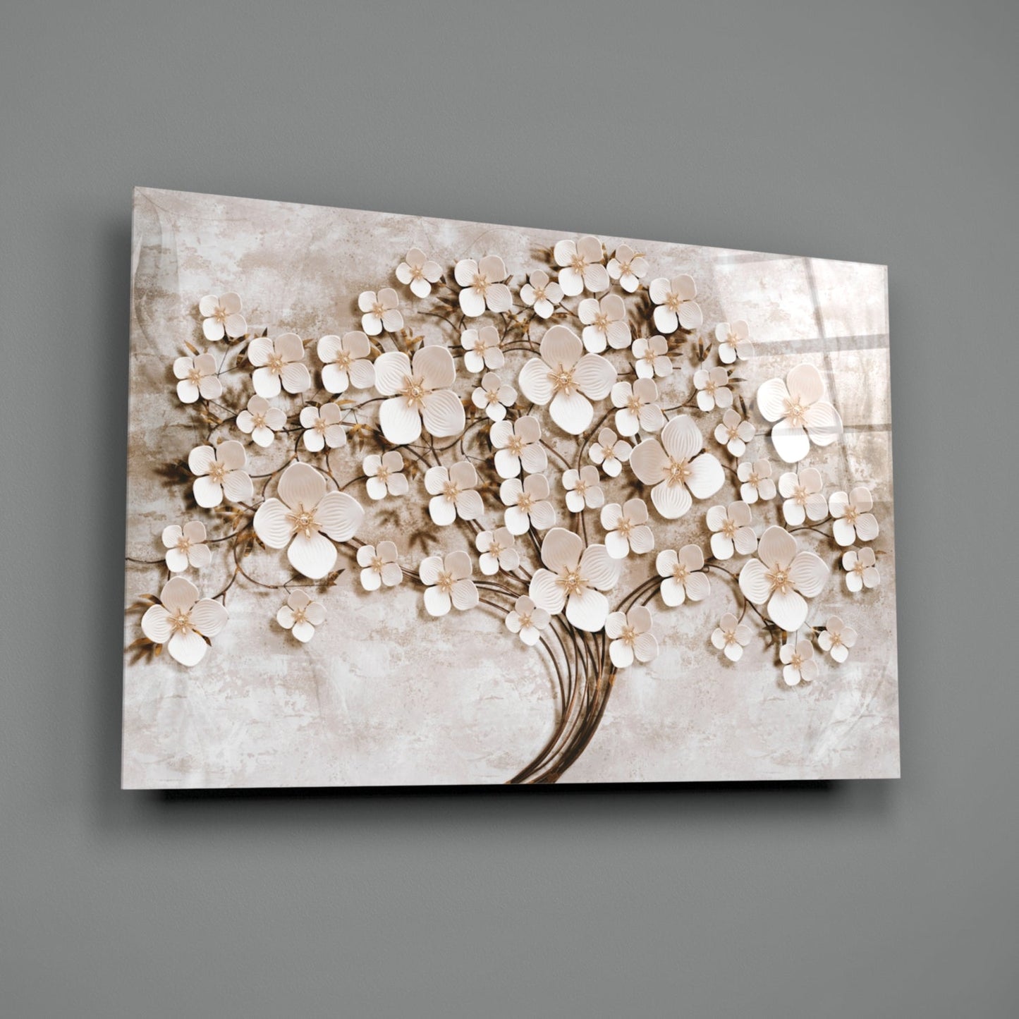 Cream Petals Beige Blossom Tree of Life Glass Wall Art