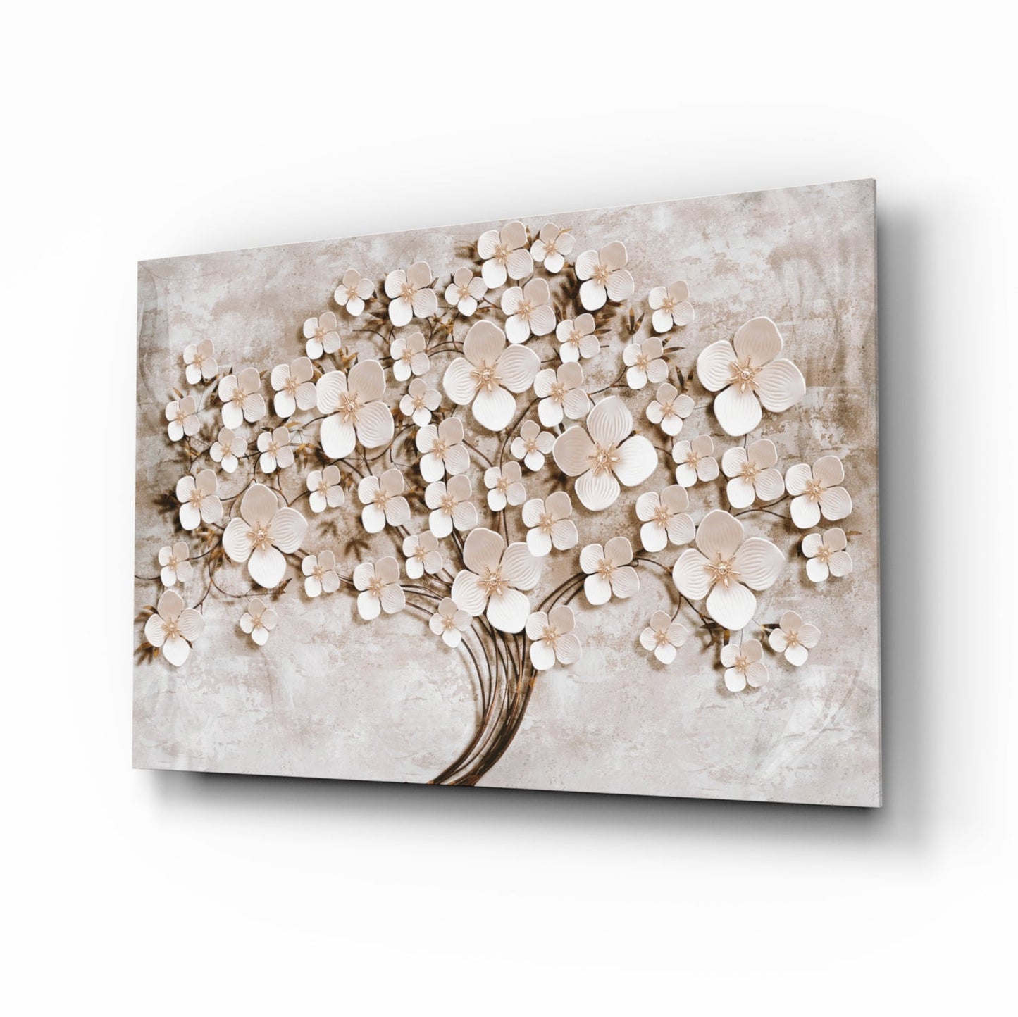 Cream Petals Beige Blossom Tree of Life Glass Wall Art