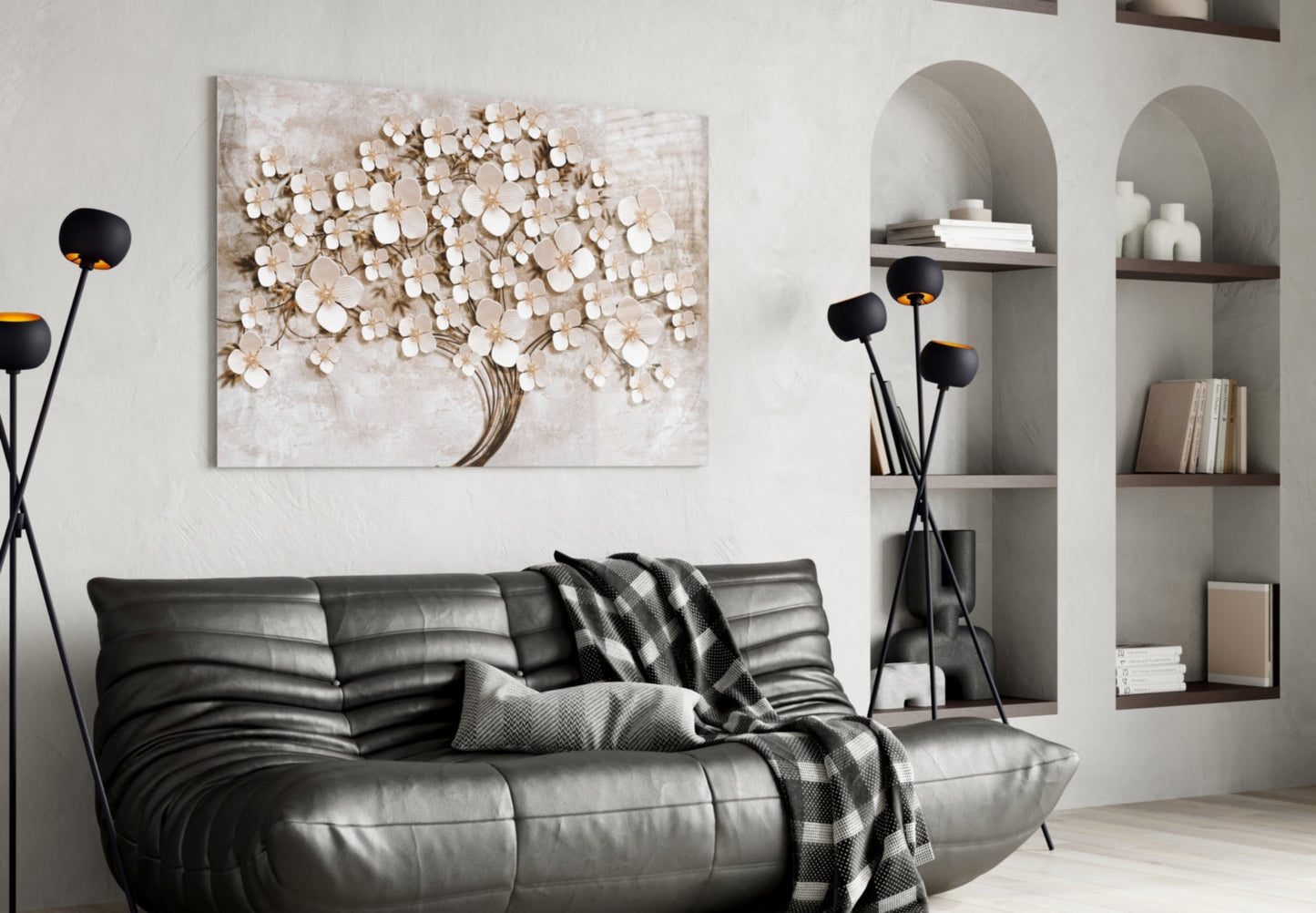 Cream Petals Beige Blossom Tree of Life Glass Wall Art