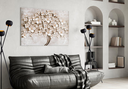 Cream Petals Beige Blossom Tree of Life Glass Wall Art