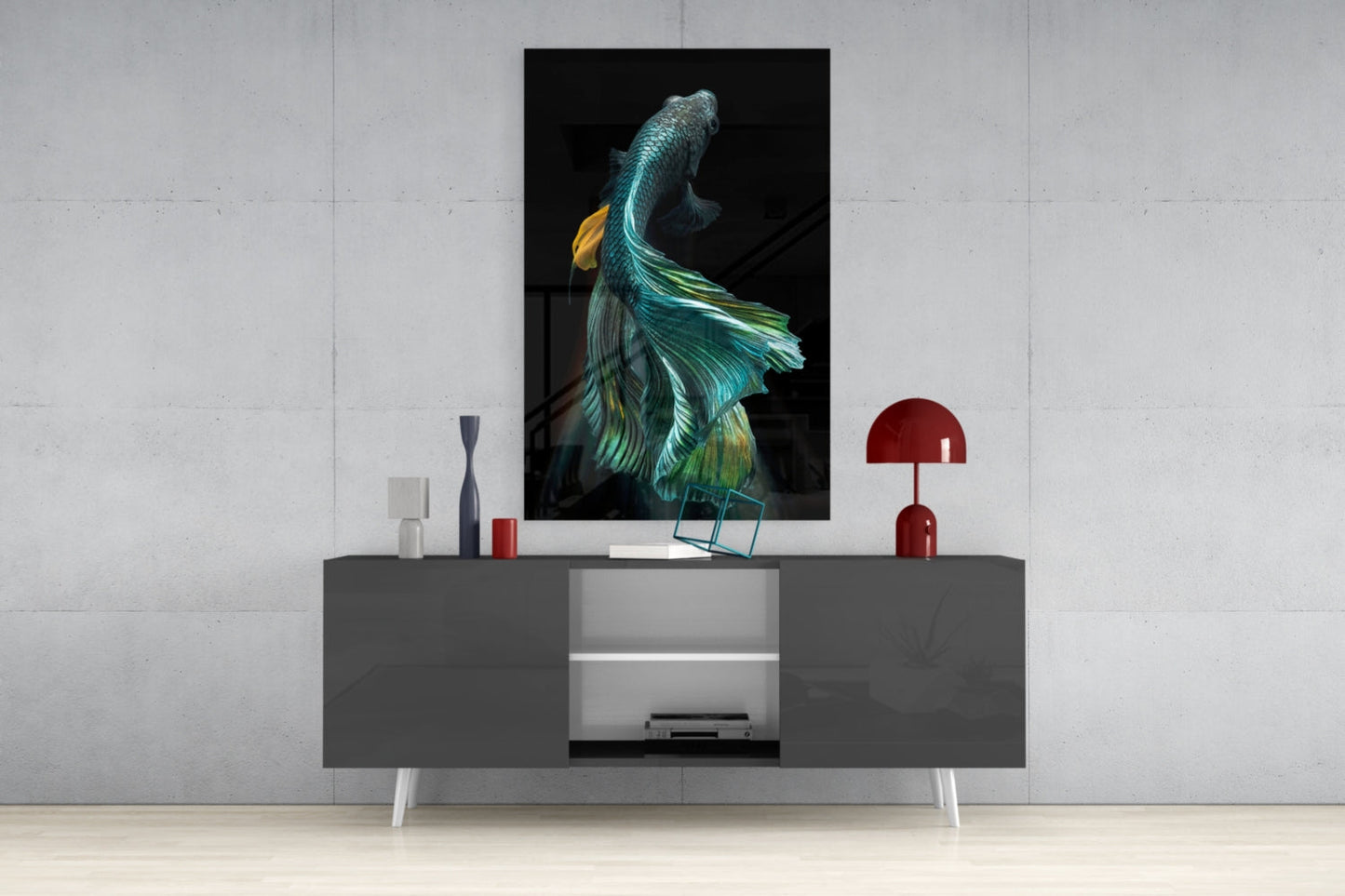 Teal and Gold Betta Fish on Black Glass Wall Art
