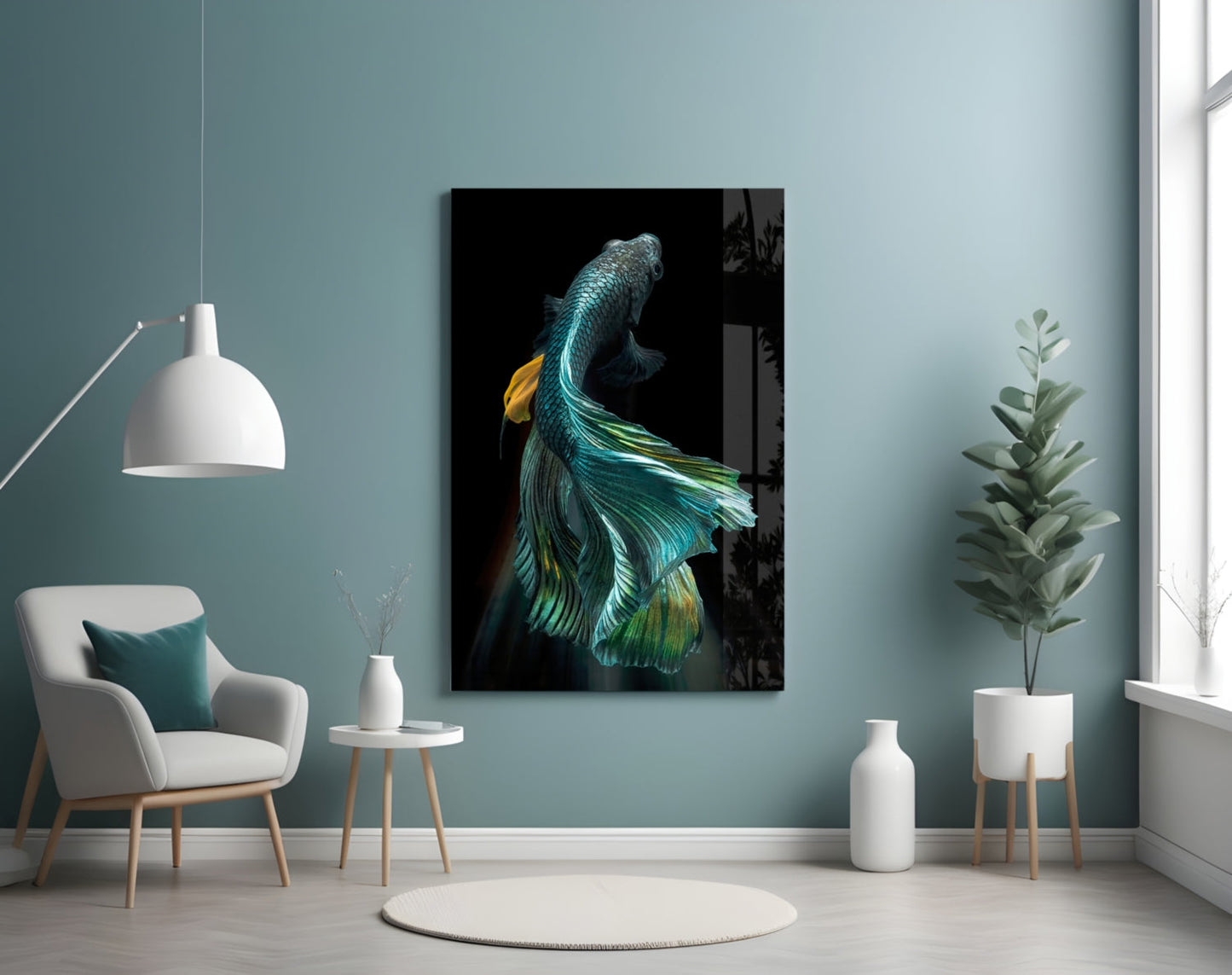 Teal and Gold Betta Fish on Black Glass Wall Art