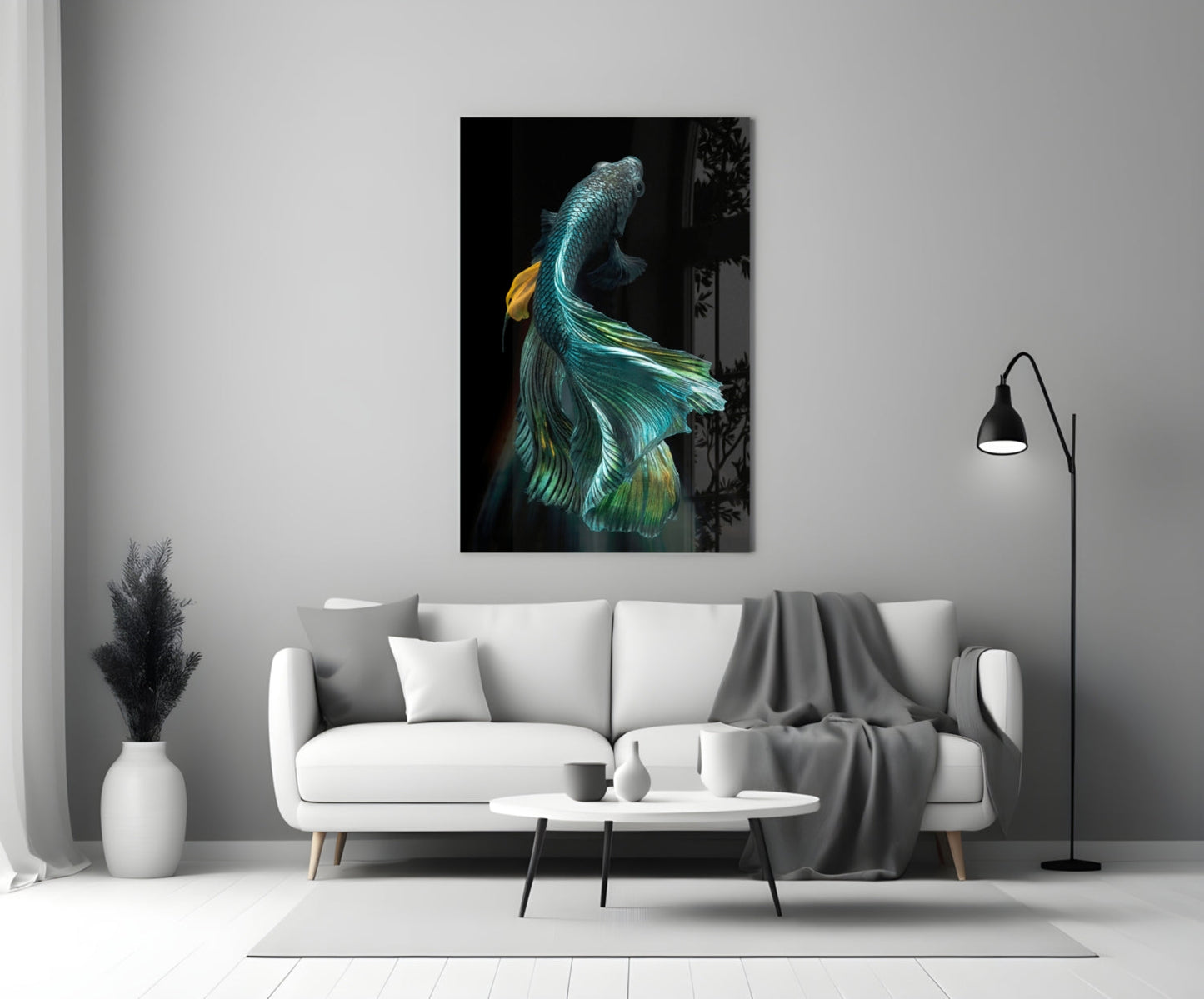Teal and Gold Betta Fish on Black Glass Wall Art