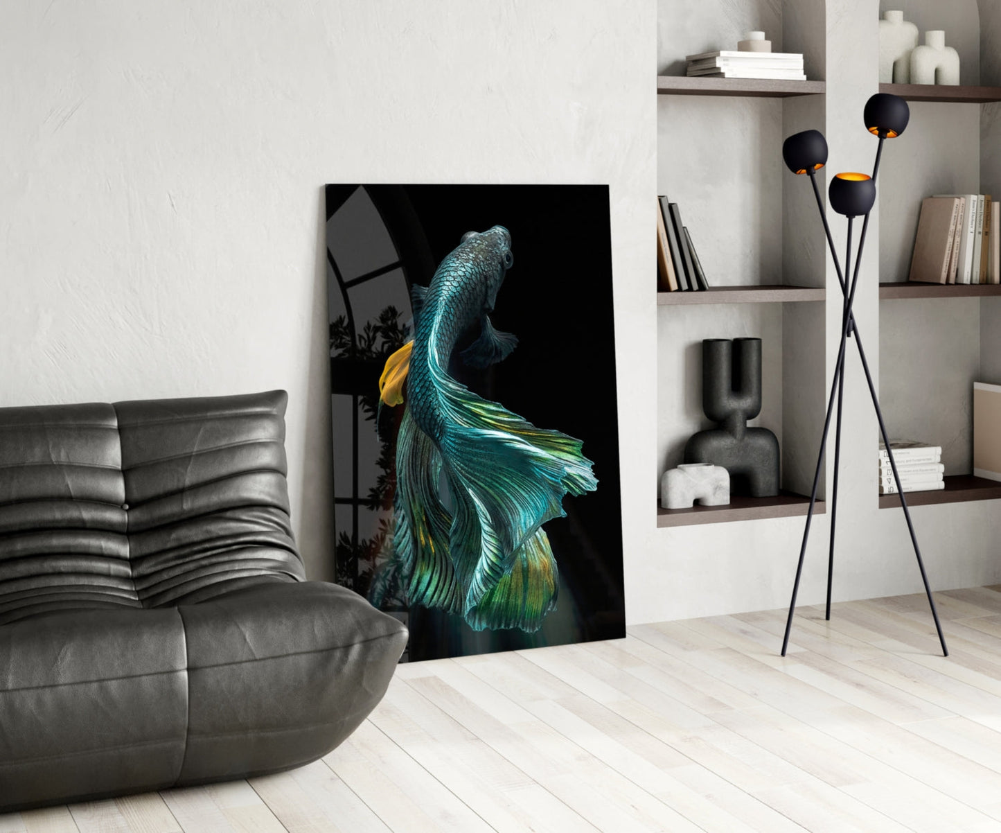 Teal and Gold Betta Fish on Black Glass Wall Art
