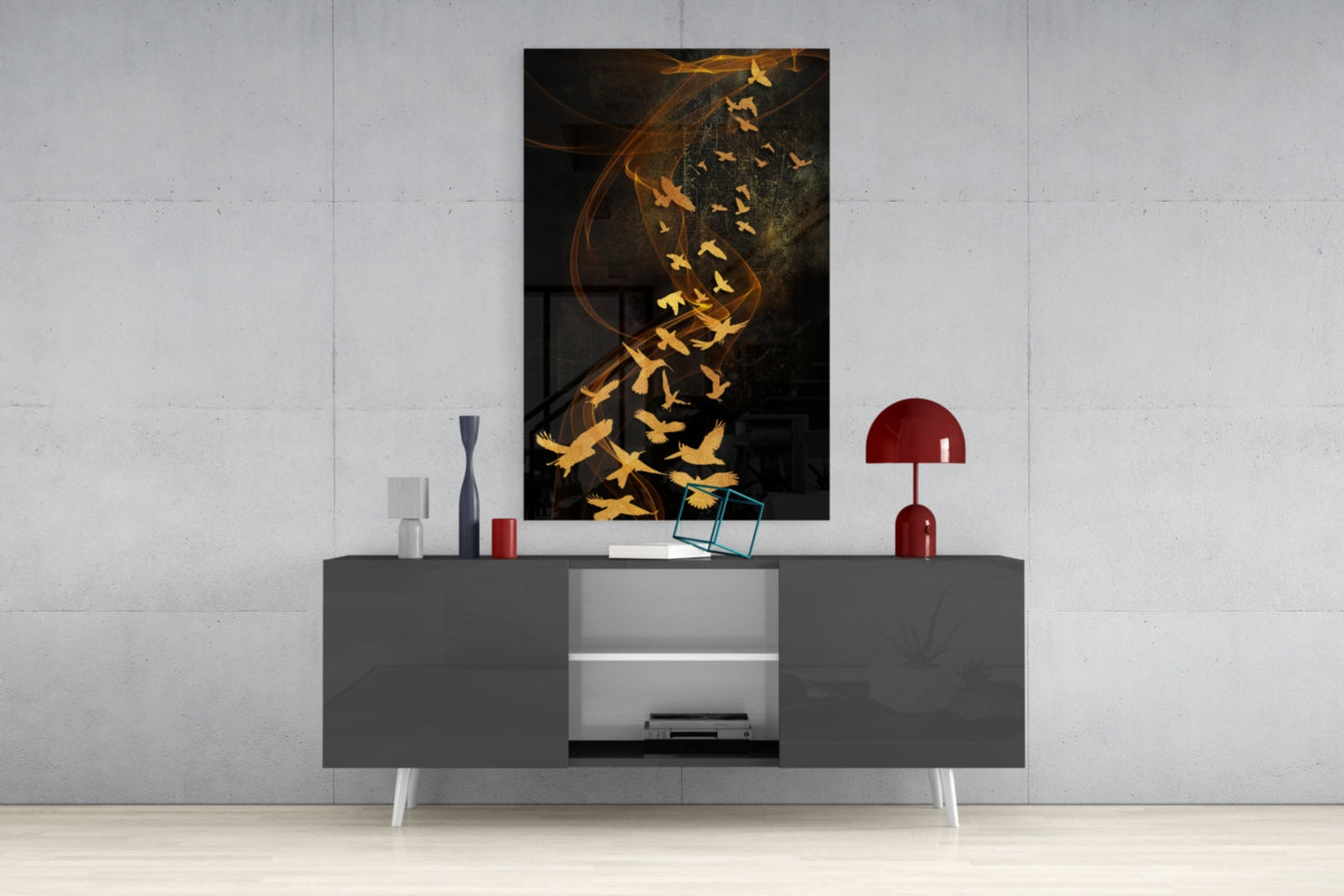 Golden Birds Flying Over Dark Ribbons Glass Wall Art