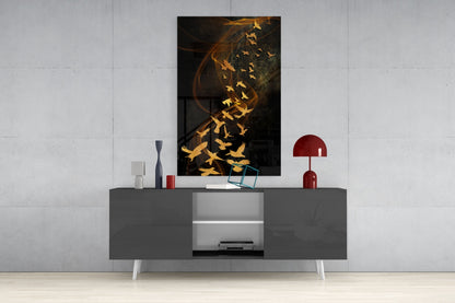 Golden Birds Flying Over Dark Ribbons Glass Wall Art