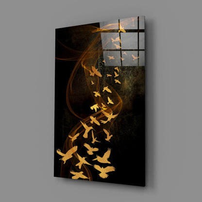 Golden Birds Flying Over Dark Ribbons Glass Wall Art