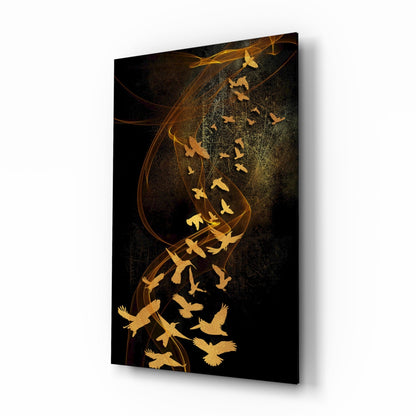Golden Birds Flying Over Dark Ribbons Glass Wall Art