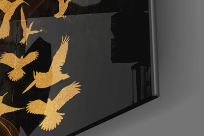 Golden Birds Flying Over Dark Ribbons Glass Wall Art