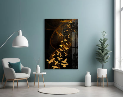 Golden Birds Flying Over Dark Ribbons Glass Wall Art