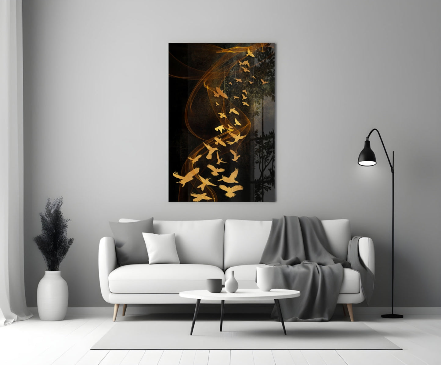 Golden Birds Flying Over Dark Ribbons Glass Wall Art