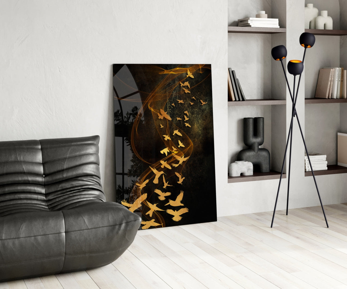Golden Birds Flying Over Dark Ribbons Glass Wall Art