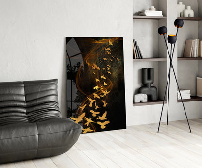 Golden Birds Flying Over Dark Ribbons Glass Wall Art