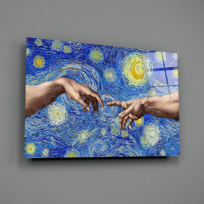 Two hands nearly touching against a swirling blue and yellow Van Gogh-style starry night patterned glass panel mounted on gray wall.