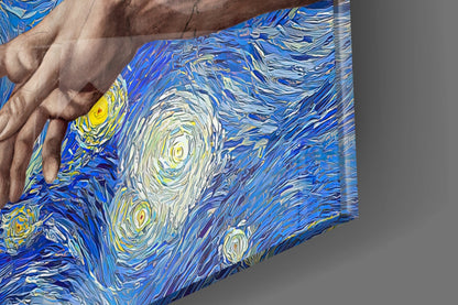 Close-up of a hand touching textured glass art featuring blue and yellow swirling patterns with concentric circles in Van Gogh style.