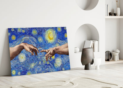 Modern minimalist interior with canvas leaning against wall displaying two hands reaching toward each other on swirling blue and yellow starry background.