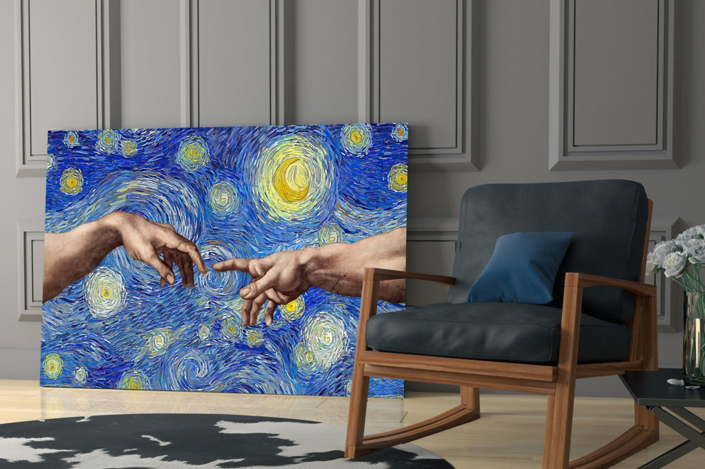 Glass wall art displaying two hands reaching toward each other against blue starry background, displayed in modern living room with wooden chair.