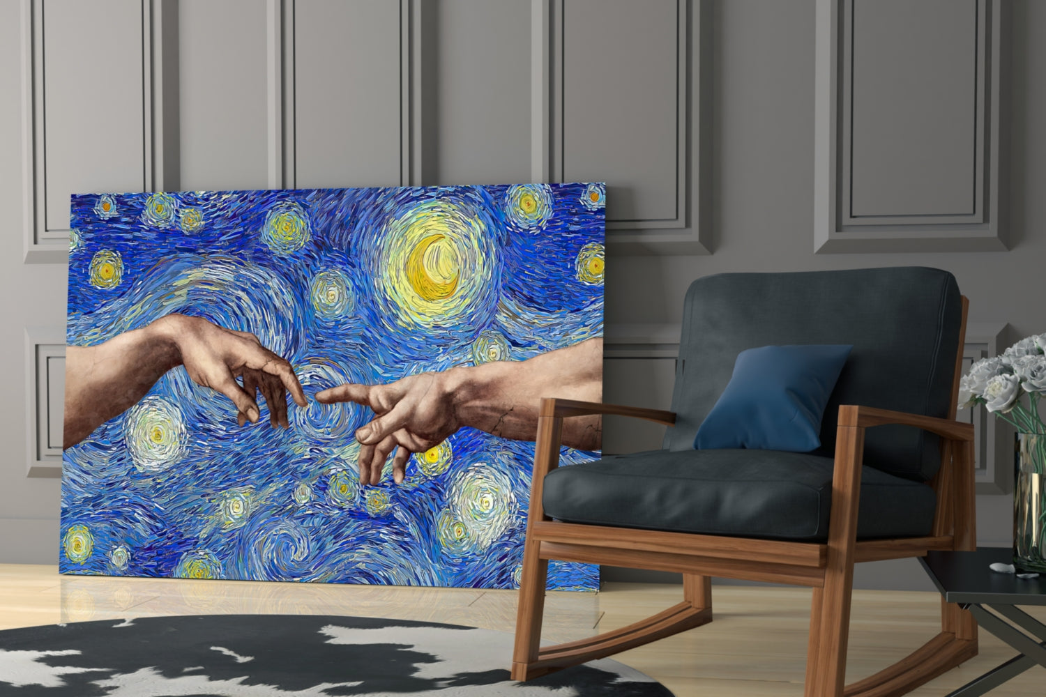 Glass wall art displaying two hands reaching toward each other against blue starry background, displayed in modern living room with wooden chair.
