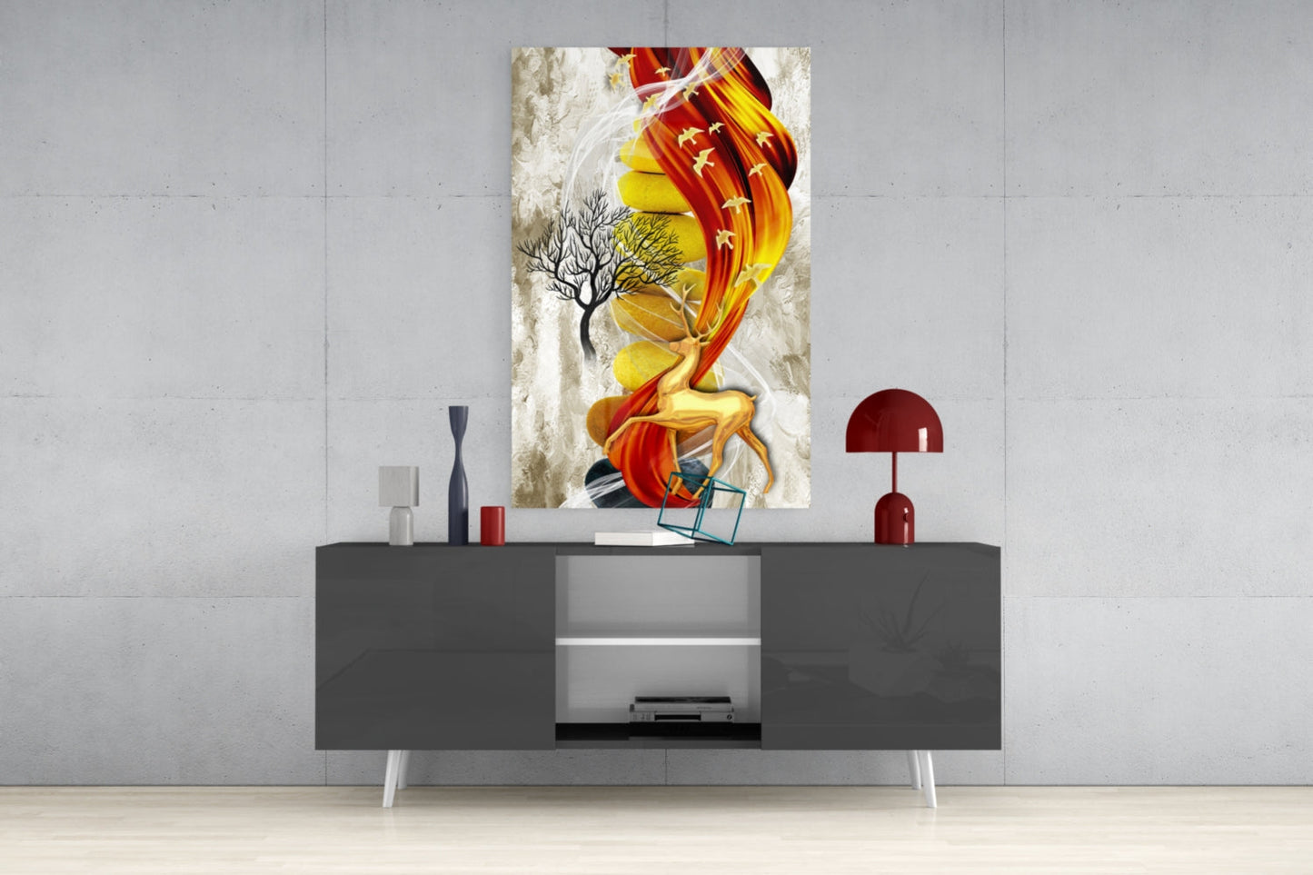 Abstract glass wall art featuring a stylized deer with red and yellow flowing forms displayed above a dark media console.