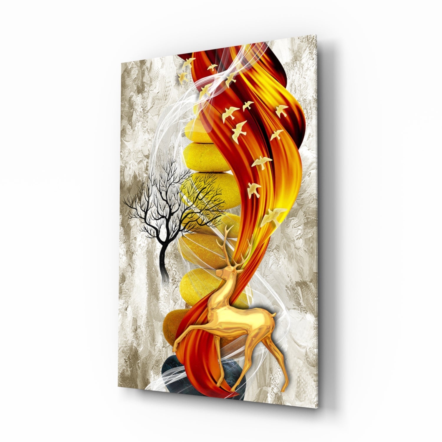 Angled side view of glass wall art featuring a golden deer with red and yellow flowing fabric, bare tree, and textured white background.