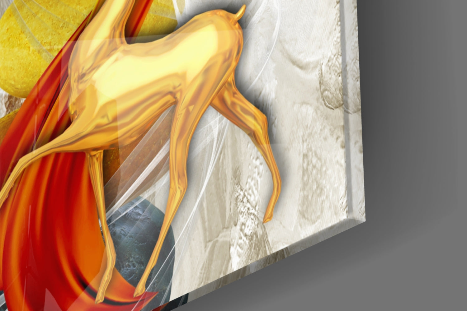 Close-up angled view of translucent golden deer figure with red and yellow streaked background, mounted on white textured wall surface.