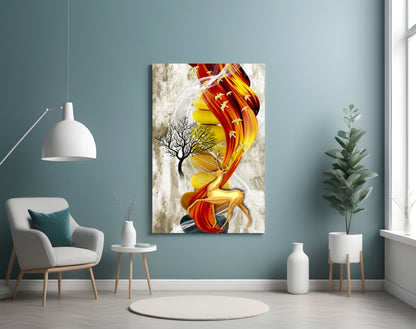 Abstract deer glass wall art with red and yellow flowing design displayed in a minimalist living room setting with teal walls.