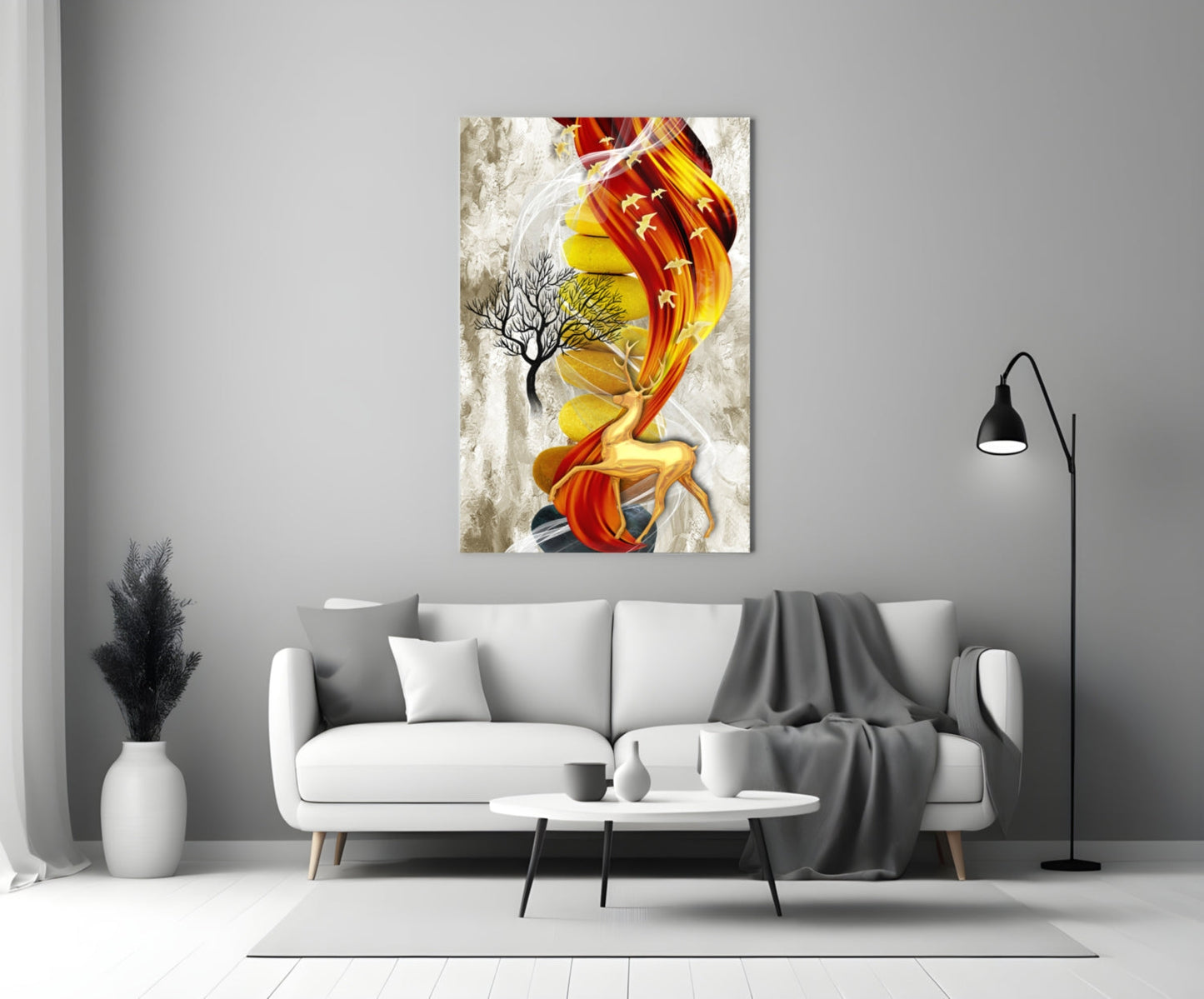 Abstract deer glass wall art with red, yellow, and orange flowing patterns displayed above a white sofa in a modern living room.