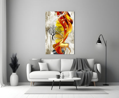 Abstract deer glass wall art with red, yellow, and orange flowing patterns displayed above a white sofa in a modern living room.