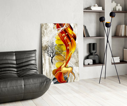 Abstract glass wall art featuring a stylized deer in red, yellow, and black tones displayed in a modern living room setting.
