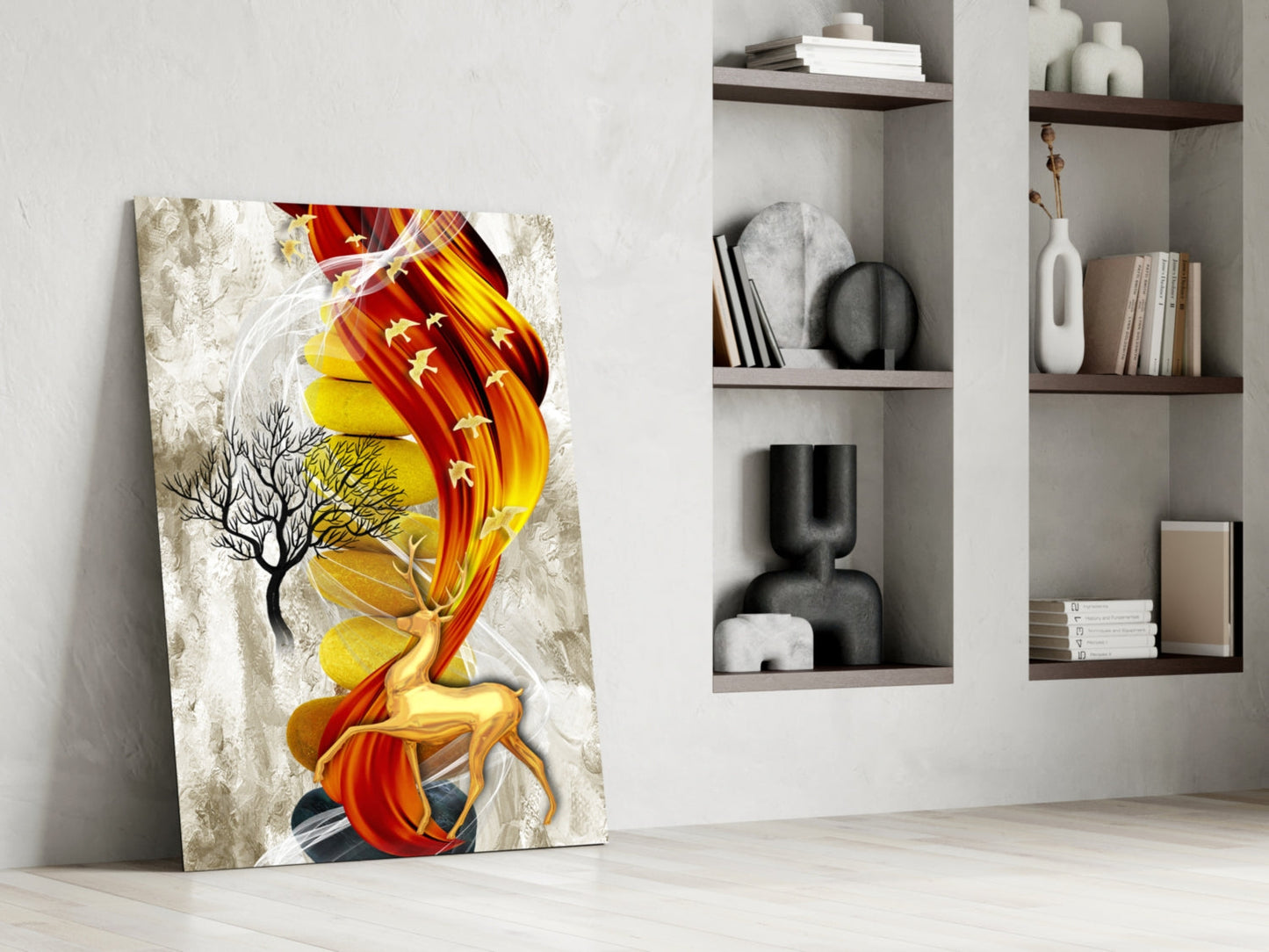 Abstract deer glass wall art leaning against white wall beside shelving unit, featuring red, yellow, and gold tones with tree motif.