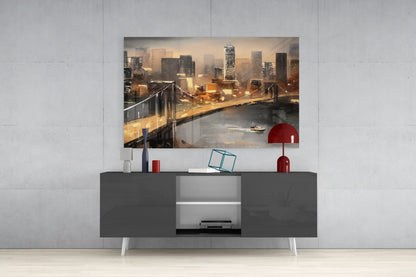Painted Suspension Bridge at Dusk Glass Wall Art
