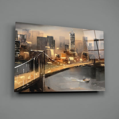 Painted Suspension Bridge at Dusk Glass Wall Art