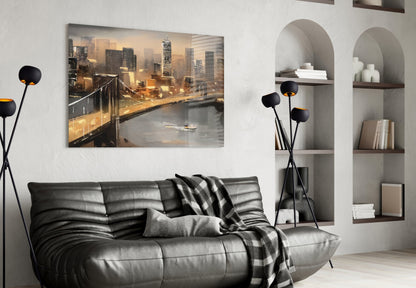 Painted Suspension Bridge at Dusk Glass Wall Art