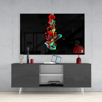 Red Teal Splash on Black Glass Wall Art