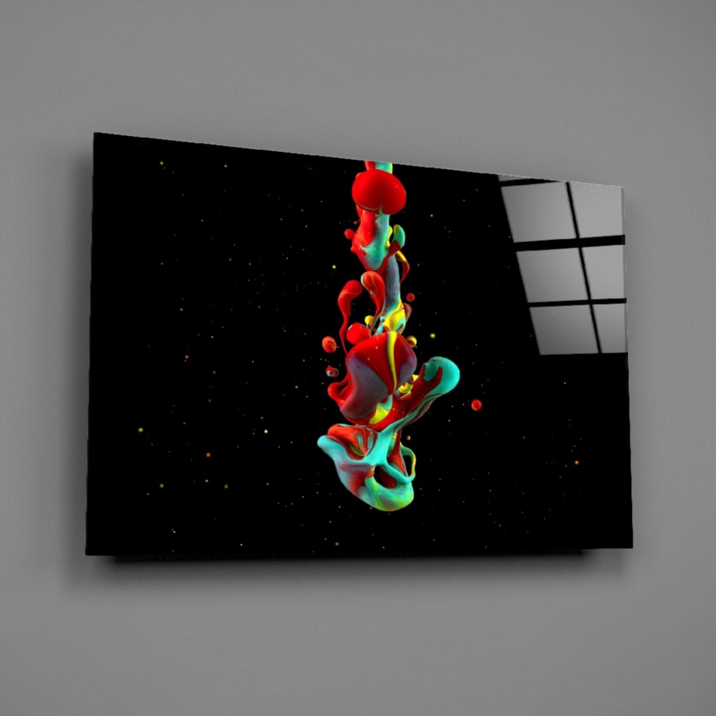 Red Teal Splash on Black Glass Wall Art
