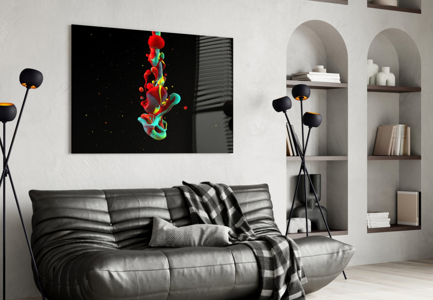 Red Teal Splash on Black Glass Wall Art