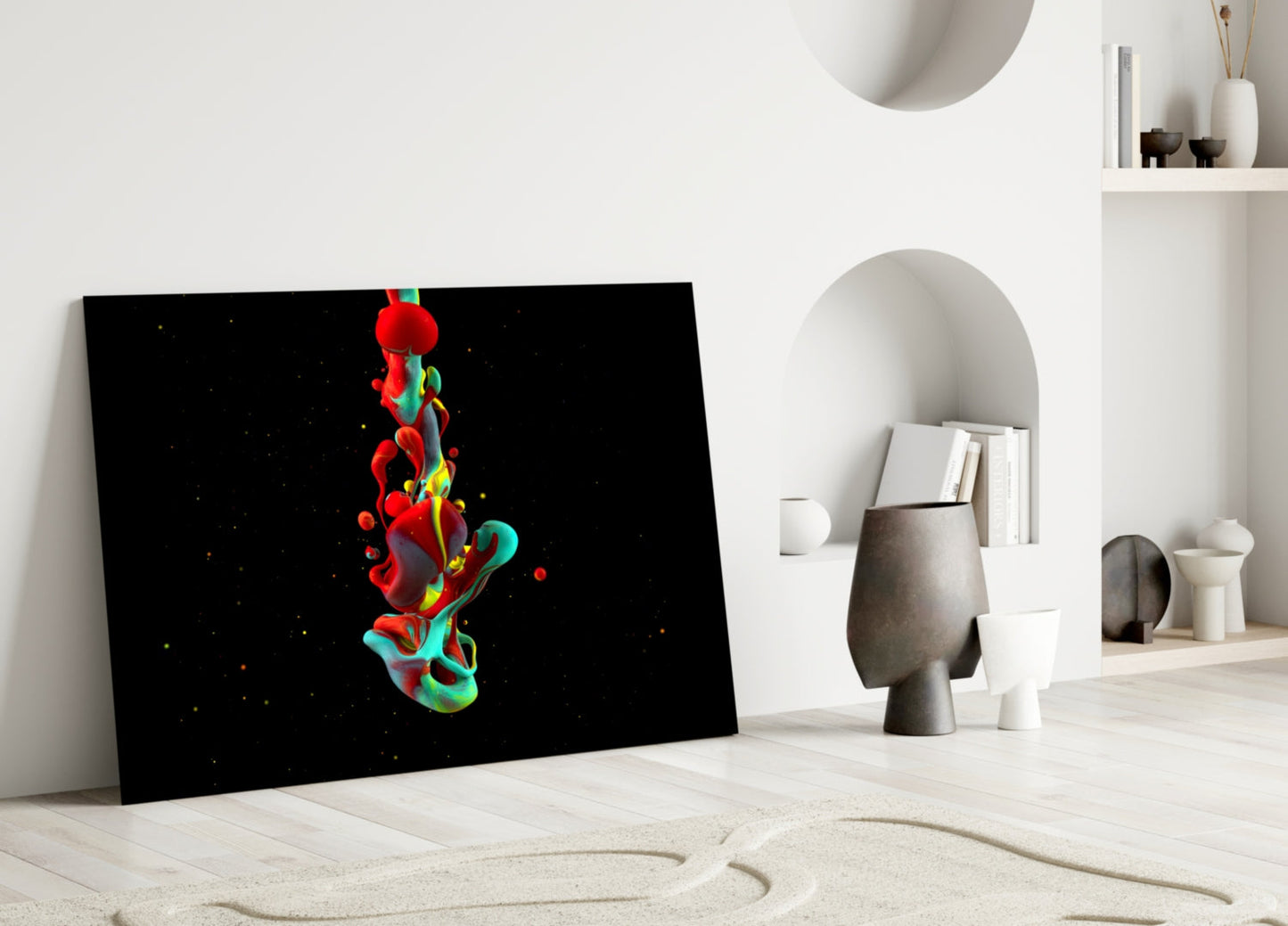Red Teal Splash on Black Glass Wall Art