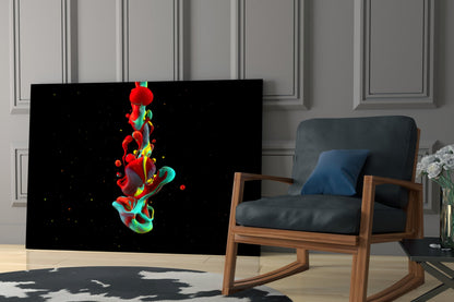 Red Teal Splash on Black Glass Wall Art
