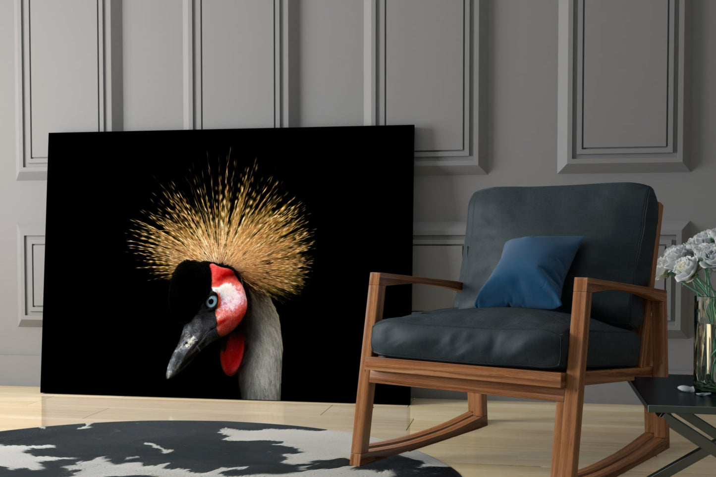Black glass wall art displaying a crowned crane with golden crest and red facial markings against dark background, displayed in modern living room setting.