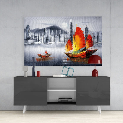 Red Sail Junk Boat Gray Skyline Glass Wall Art